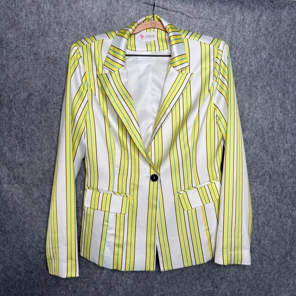 L'ATISTE by Amy Yellow & White Striped 3 Piece Suit Set- Sz L